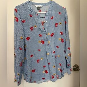 Old Navy Blue and White Striped Tunic with Red and Yellow Floral Design